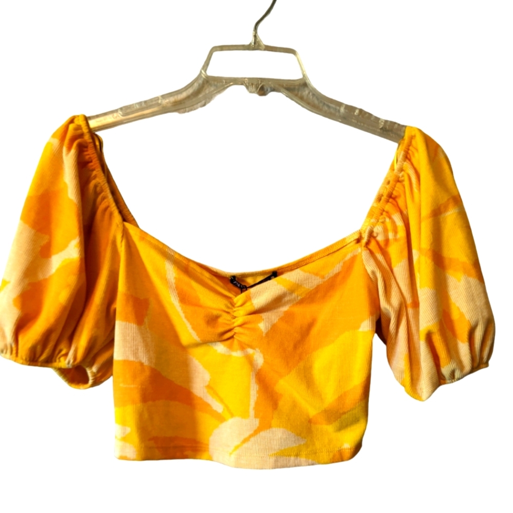 NWT ZARA Orange Yellow Tangerine Knit Crop Top On/Off Shoulder Sz. S - Picture 1 of 8